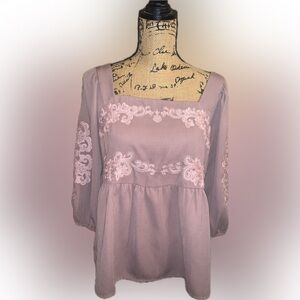 Savannah Jane Mauve Billowy Peplum Embroidered Balloon Sleeve Square Neck Top S